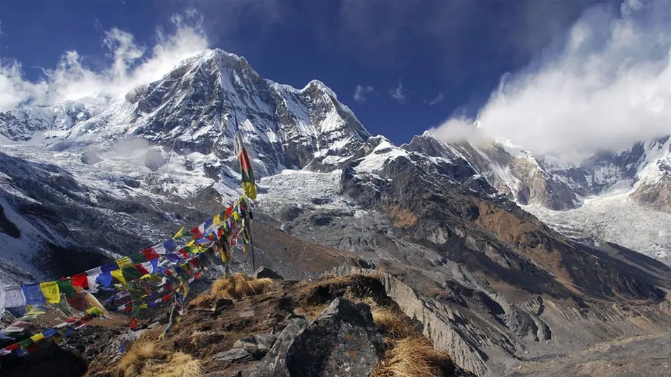Prayer flags at Annapurna Base Camp below the Annapurna Sanctuary peaks