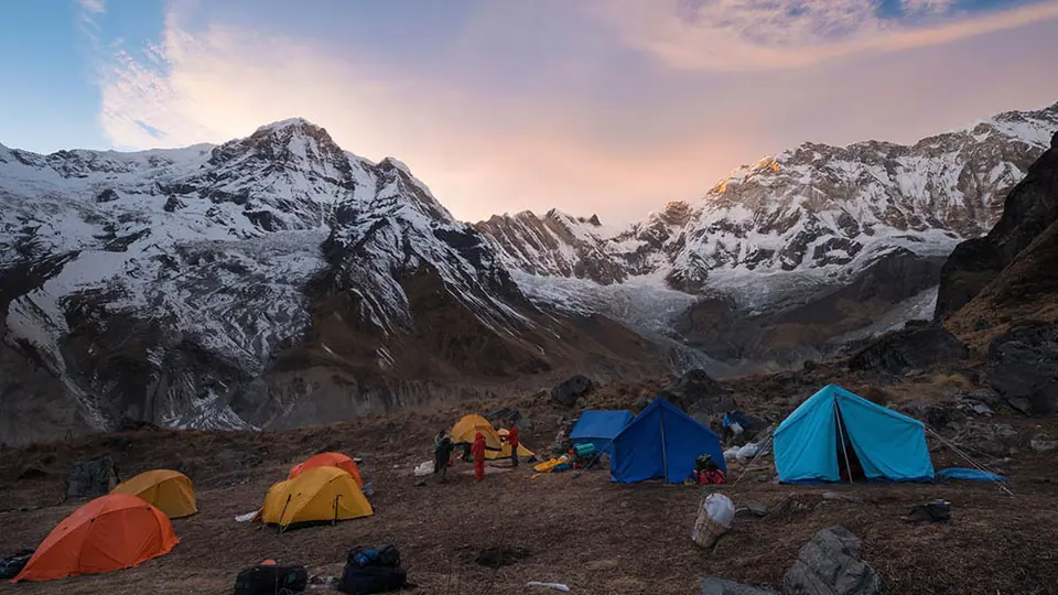 Tents at Annapurna Base Camp at dusk