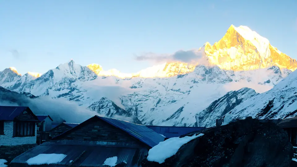 Sunrise on Machhapuchhre (Fishtail) above the lodges