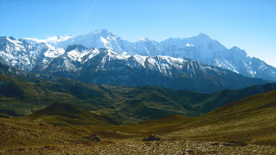 Annapurna and Gangapurna peaks above the Manang grasslands