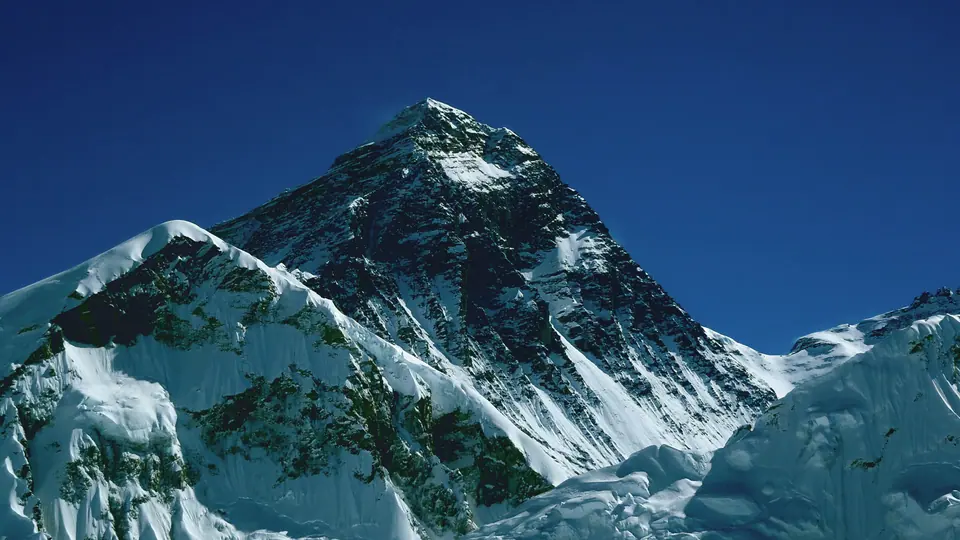 The summit pyramid of Mount Everest above the Khumbu
