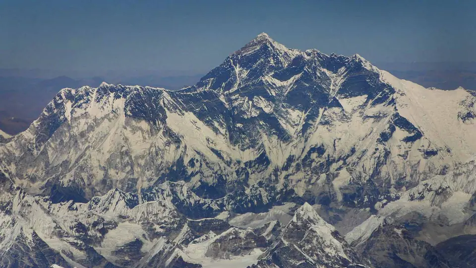 Aerial view of Mount Everest and the surrounding Khumbu peaks