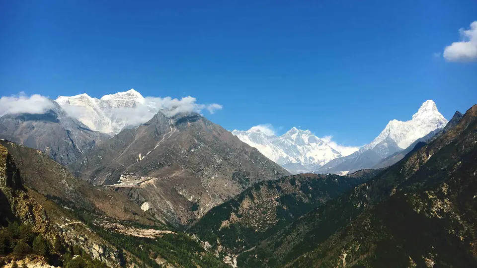 View up the Khumbu towards Everest, Lhotse and Ama Dablam