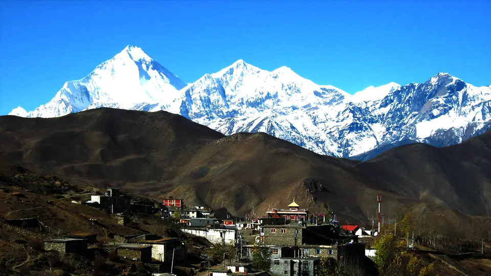 Dhaulagiri range above a village in lower Mustang