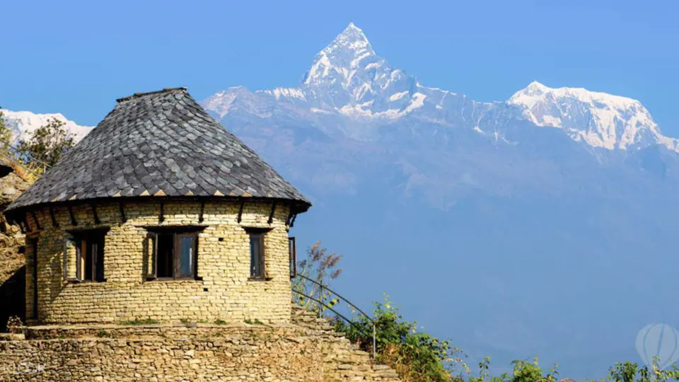 Viewpoint hut at Sarangkot with Machhapuchhre behind