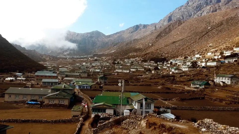 Sherpa village houses and fields in the Khumbu