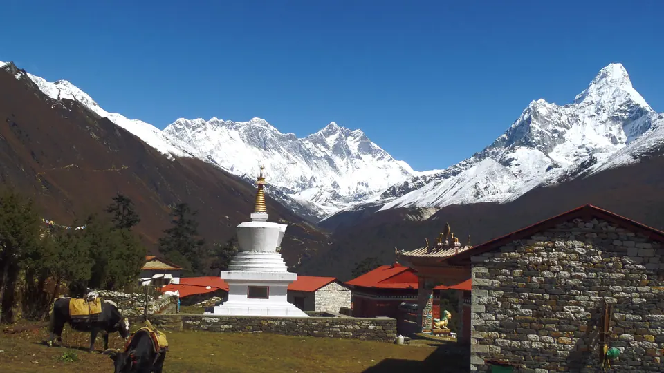 Stupa and lodges in the Khumbu with Ama Dablam behind