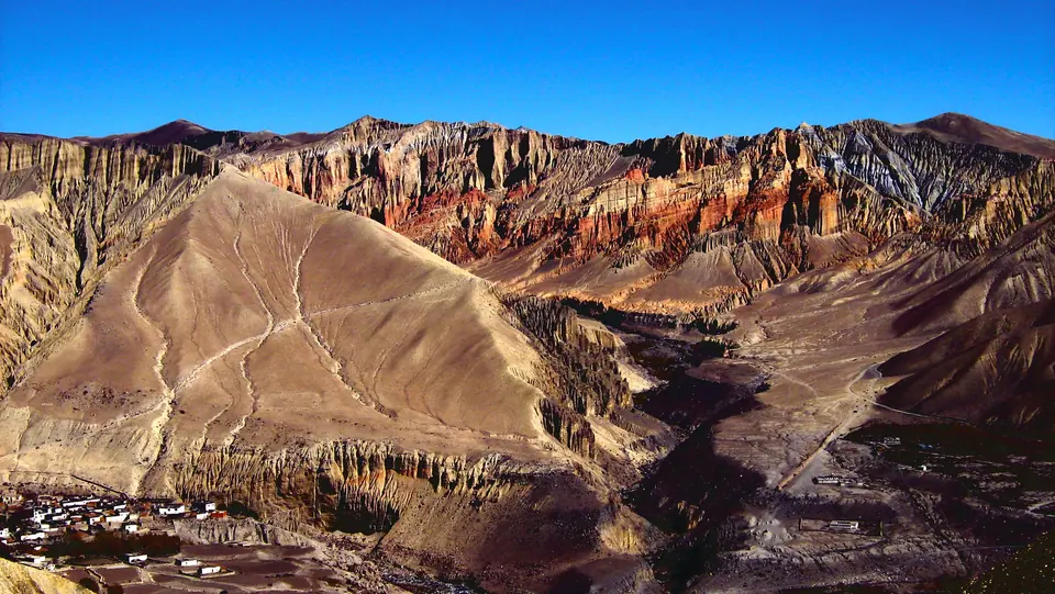 Red eroded hills in Upper Mustang