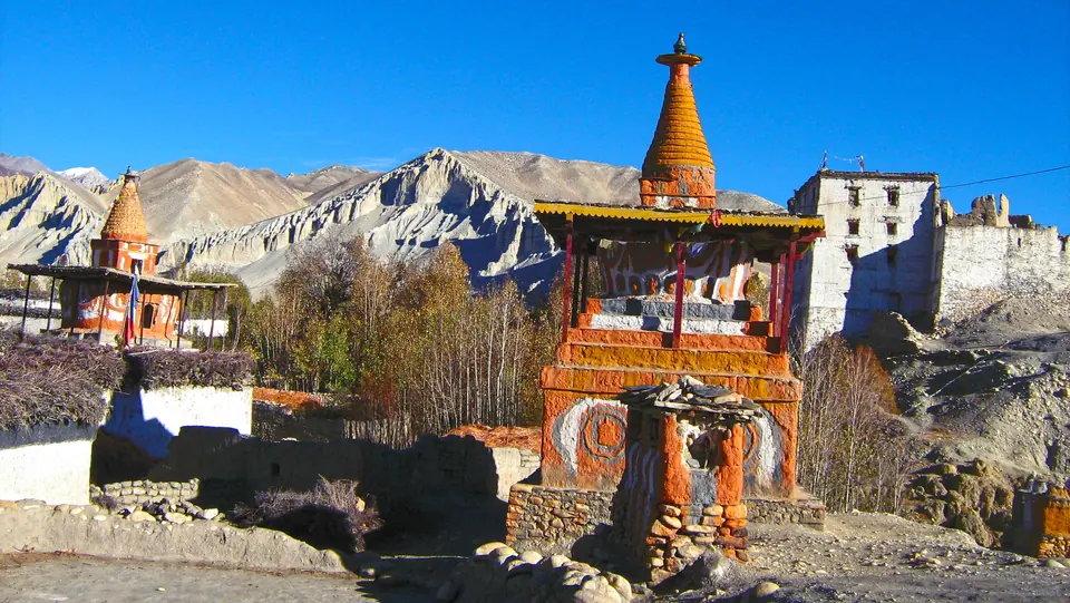 Painted chorten gateway in an Upper Mustang village